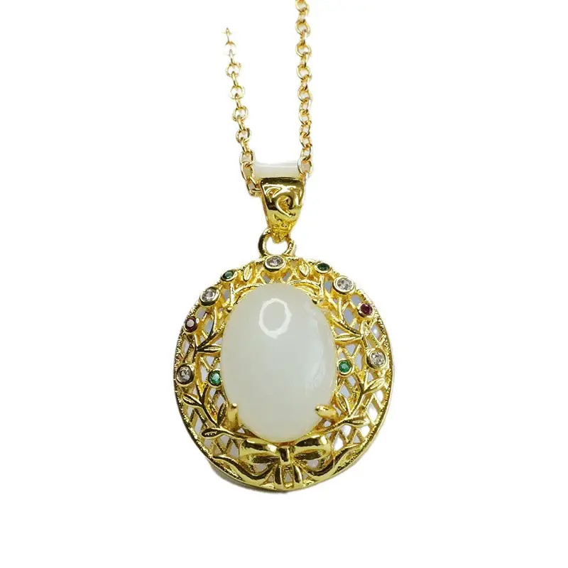 White Jade Pendant Necklace Gold Plated Vintage - Image 7