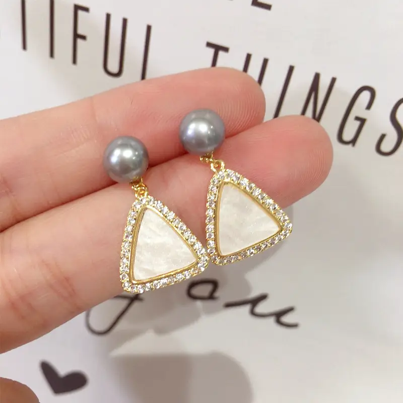 Natural Pearl Earrings 18K Gold Geometric Triangle Design