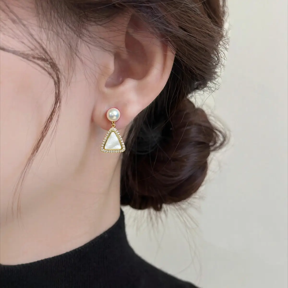 Natural Pearl Earrings 18K Gold Geometric Triangle Design