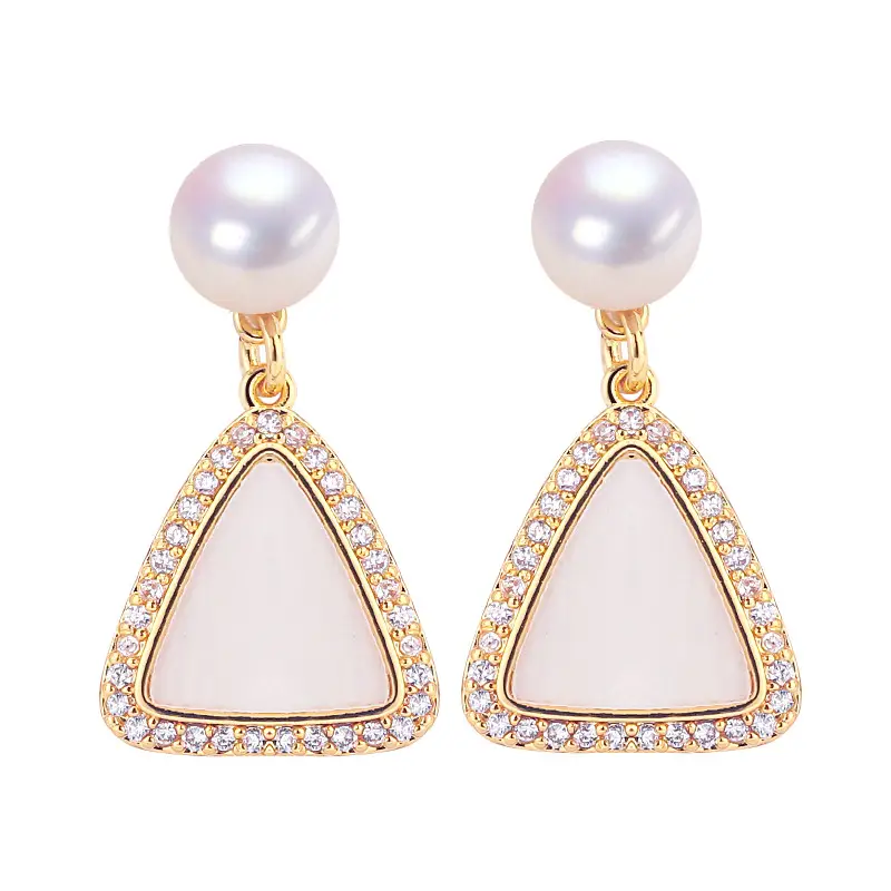 Natural Pearl Earrings 18K Gold Geometric Triangle Design