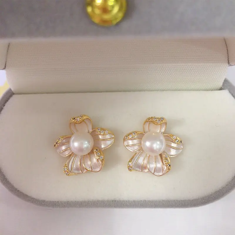 Zhuji Natural Pearl Earrings 18K Gold Floral Design - Image 8