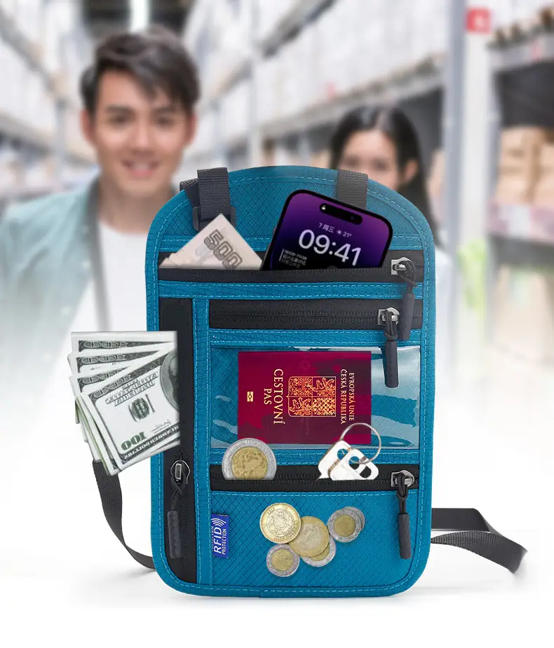 Blue RFID Shoulder Passport Bag with Clear Pocket — feature 1