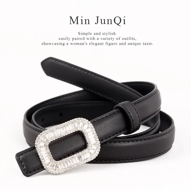 Black Diamond Square Buckle Leather Belt for Women - Image 9