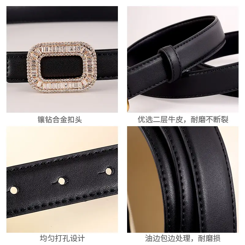 Black Diamond Square Buckle Leather Belt for Women - Image 12