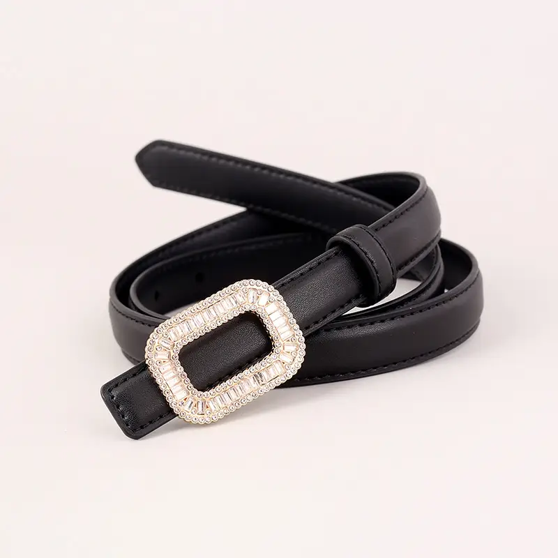 Black Diamond Square Buckle Leather Belt for Women