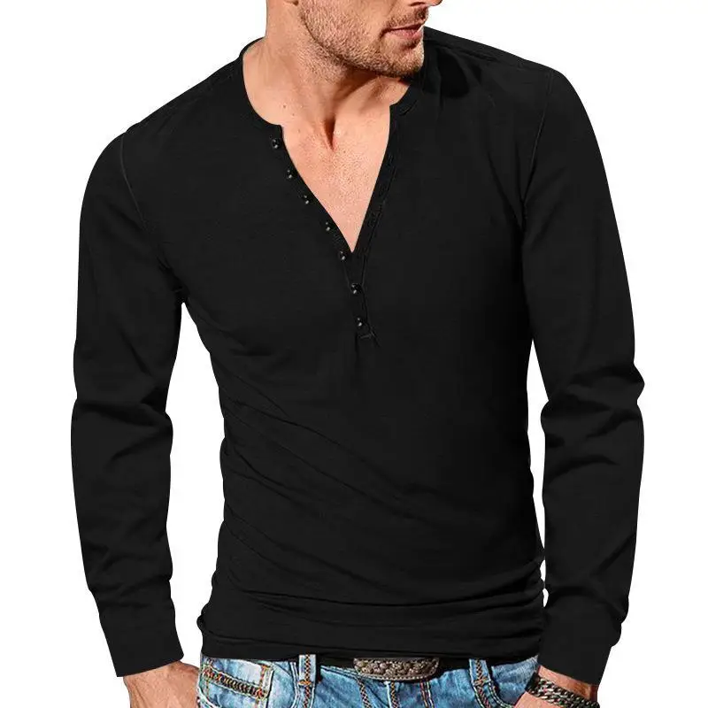 European Men's Button V-Neck Long Sleeve T-Shirt - Image 6