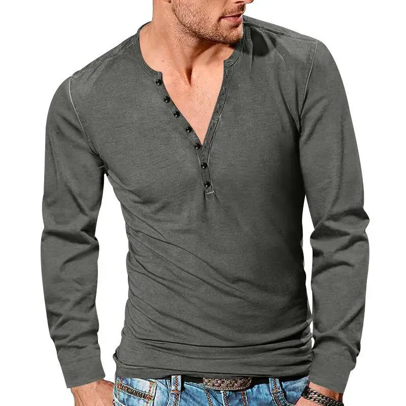 European Men's Button V-Neck Long Sleeve T-Shirt - Image 7