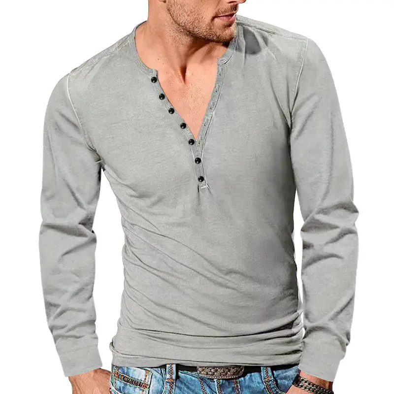 European Men's Button V-Neck Long Sleeve T-Shirt - Image 8