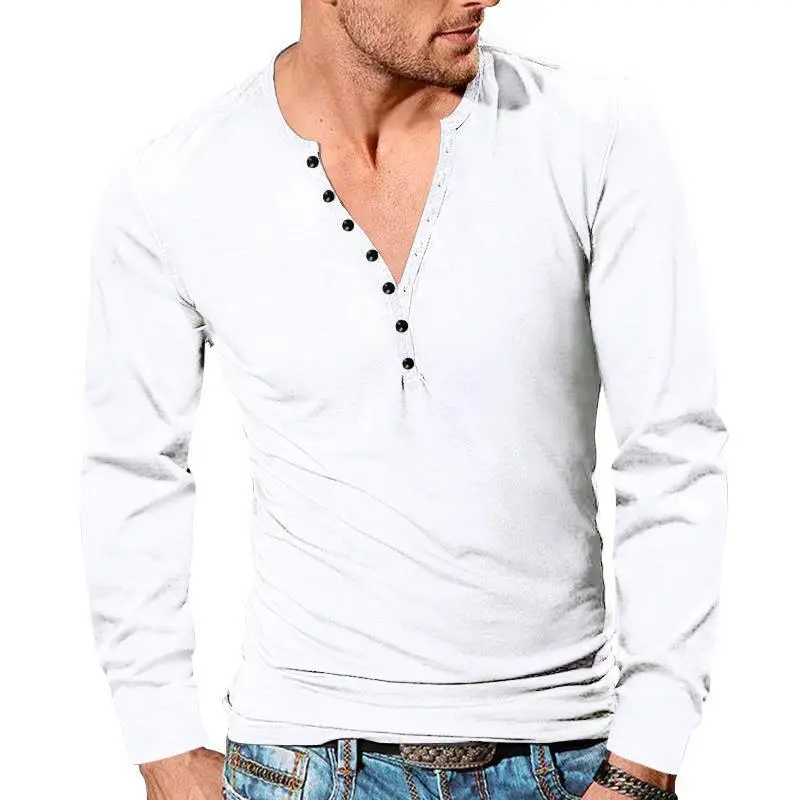 European Men's Button V-Neck Long Sleeve T-Shirt - Image 9