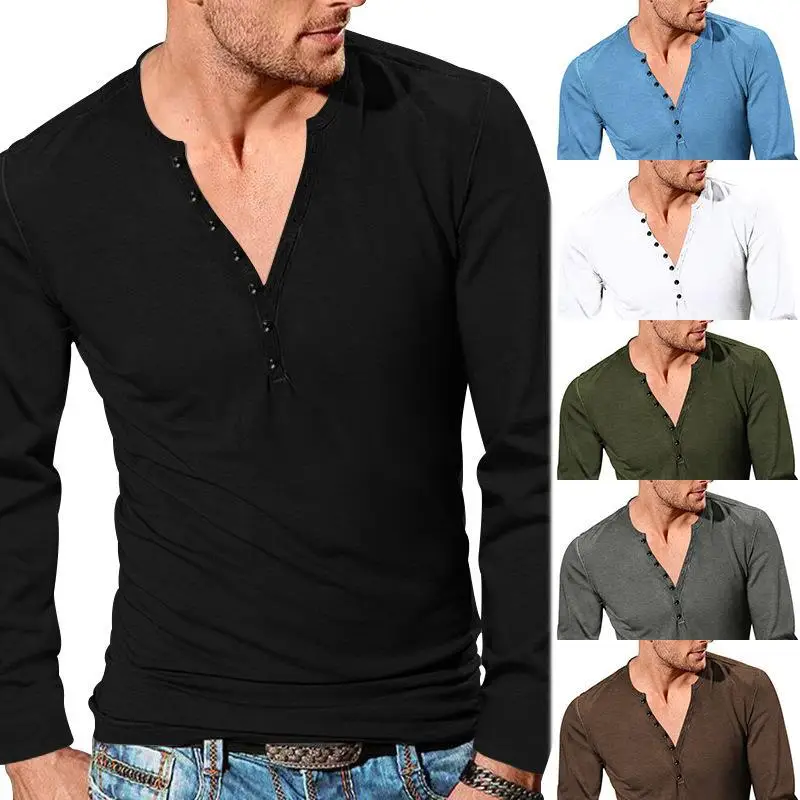 European Men's Button V-Neck Long Sleeve T-Shirt — feature 11
