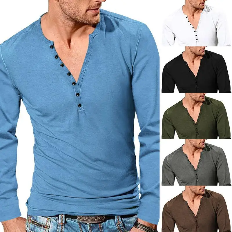 European Men's Button V-Neck Long Sleeve T-Shirt — feature 16