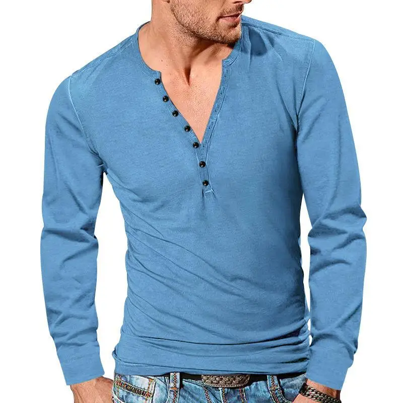 European Men's Button V-Neck Long Sleeve T-Shirt — feature 18