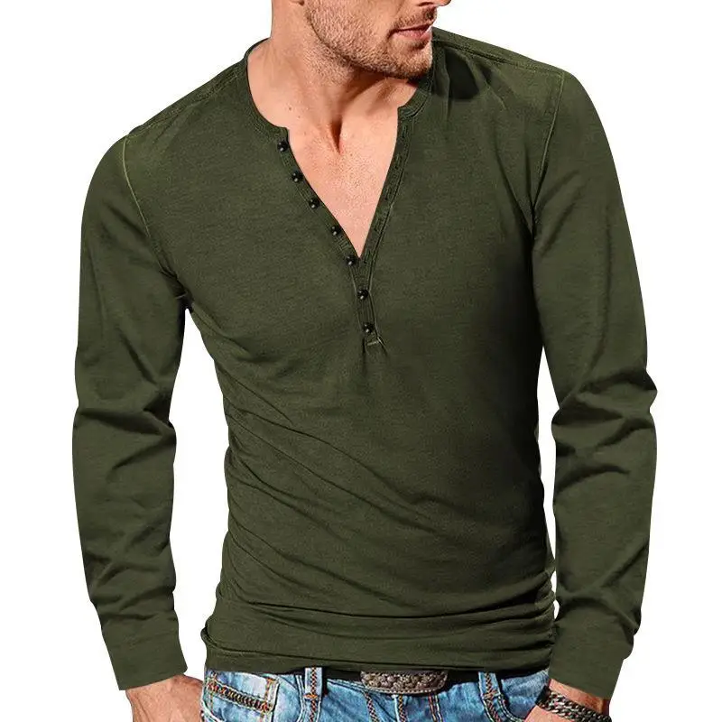 European Men's Button V-Neck Long Sleeve T-Shirt — feature 20