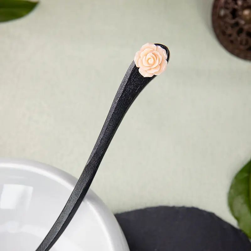 Vintage Black Wooden Hairpin with Sandalwood Pendant - Image 12