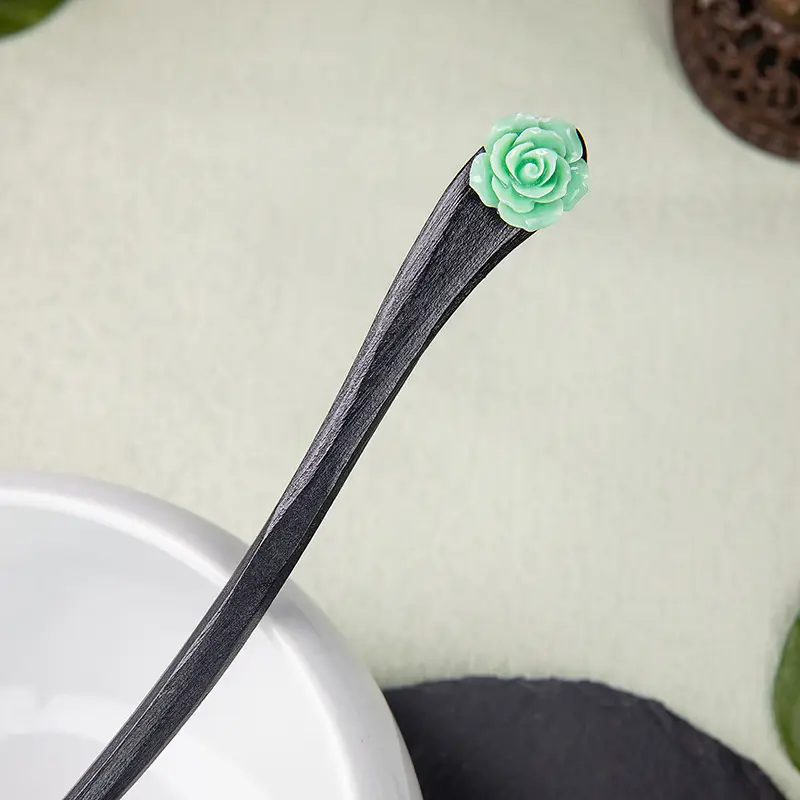 Vintage Black Wooden Hairpin with Sandalwood Pendant - Image 13