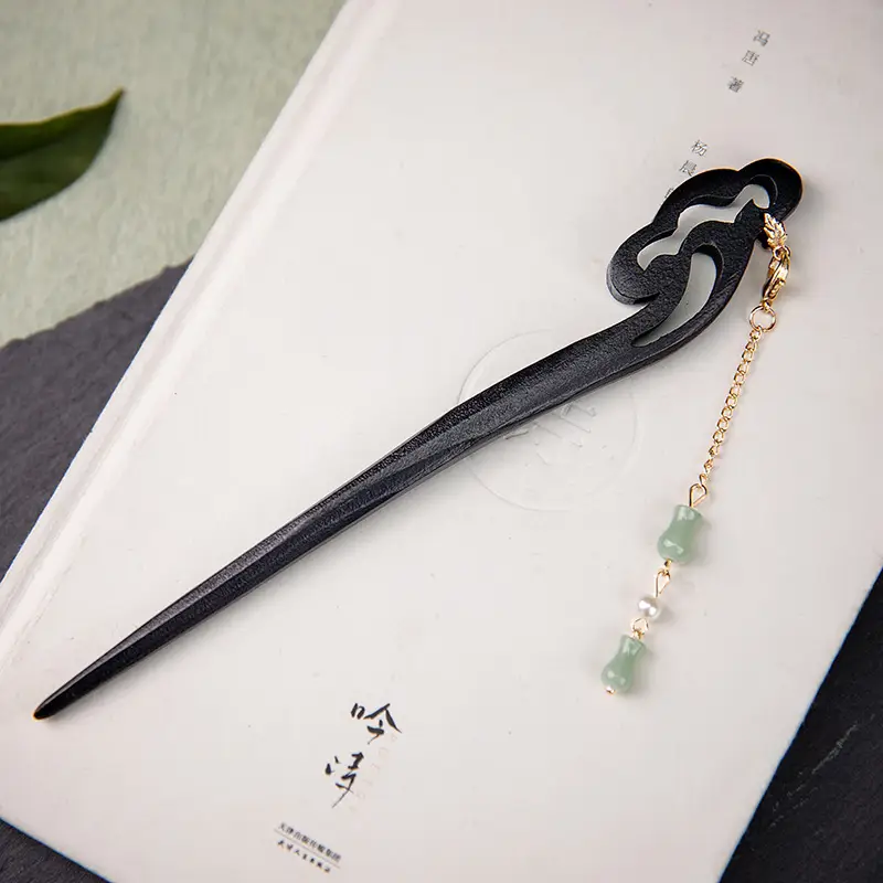 Vintage Black Wooden Hairpin with Sandalwood Pendant - Image 19