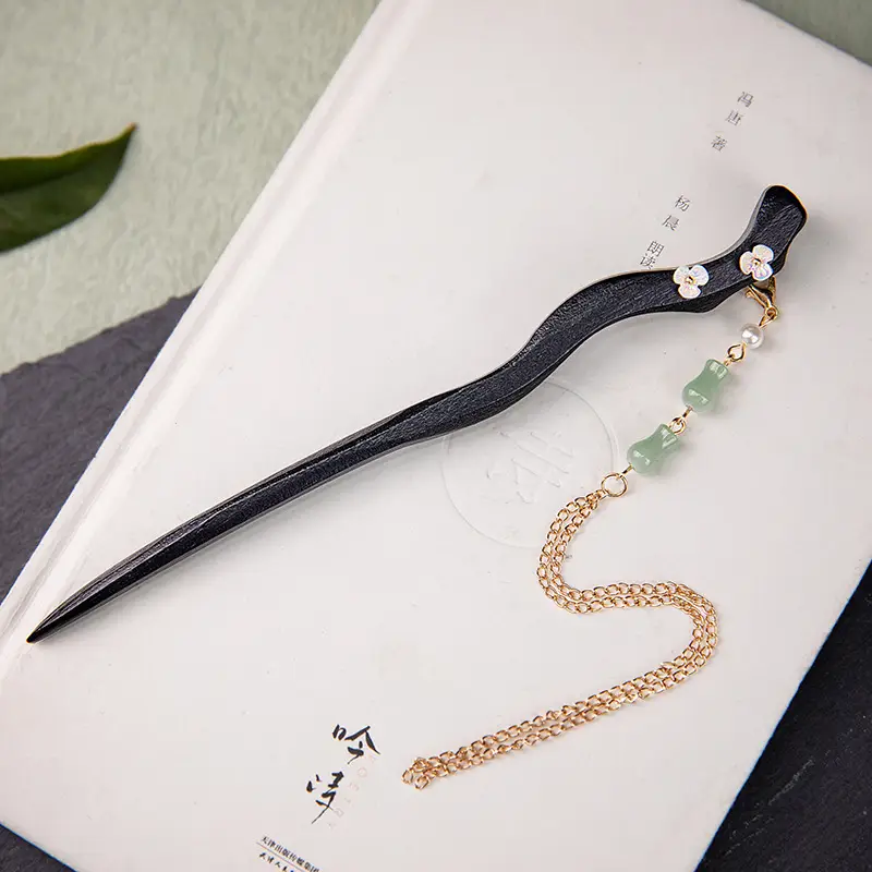 Vintage Black Wooden Hairpin with Sandalwood Pendant - Image 20