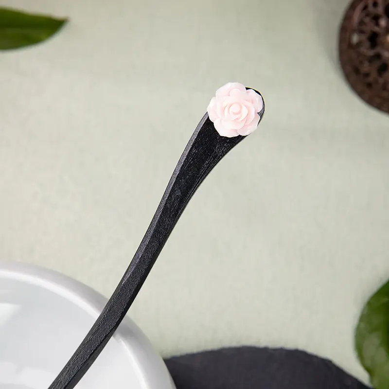 Vintage Black Wooden Hairpin with Sandalwood Pendant - Image 4