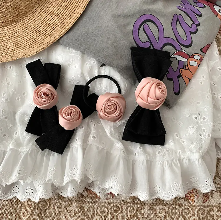 Japanese Style Black Pink Rose Hair Clips for Girls - Image 7