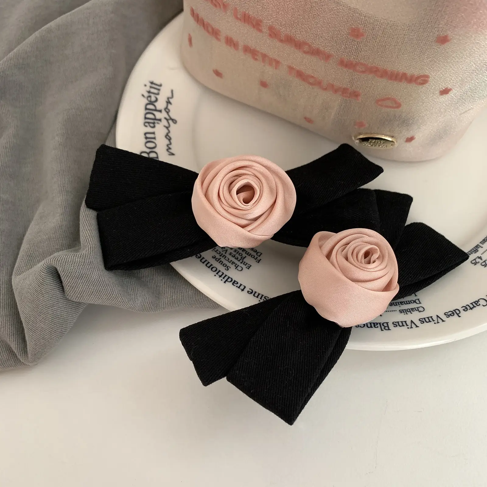 Japanese Style Black Pink Rose Hair Clips for Girls - Image 2