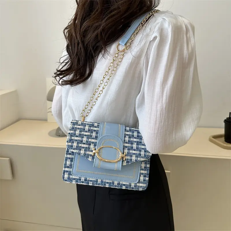 Korean Style Chain Shoulder Bag Black Cotton Linen - Image 5