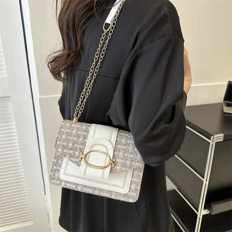 Korean Style Chain Shoulder Bag Black Cotton Linen - Image 7