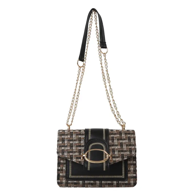 Korean Style Chain Shoulder Bag Black Cotton Linen - Image 8