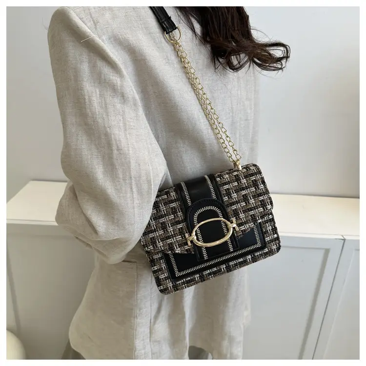 Korean Style Chain Shoulder Bag Black Cotton Linen — feature 12