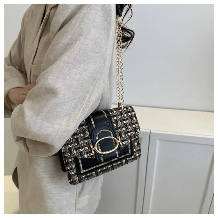 Korean Style Chain Shoulder Bag Black Cotton Linen — feature 13