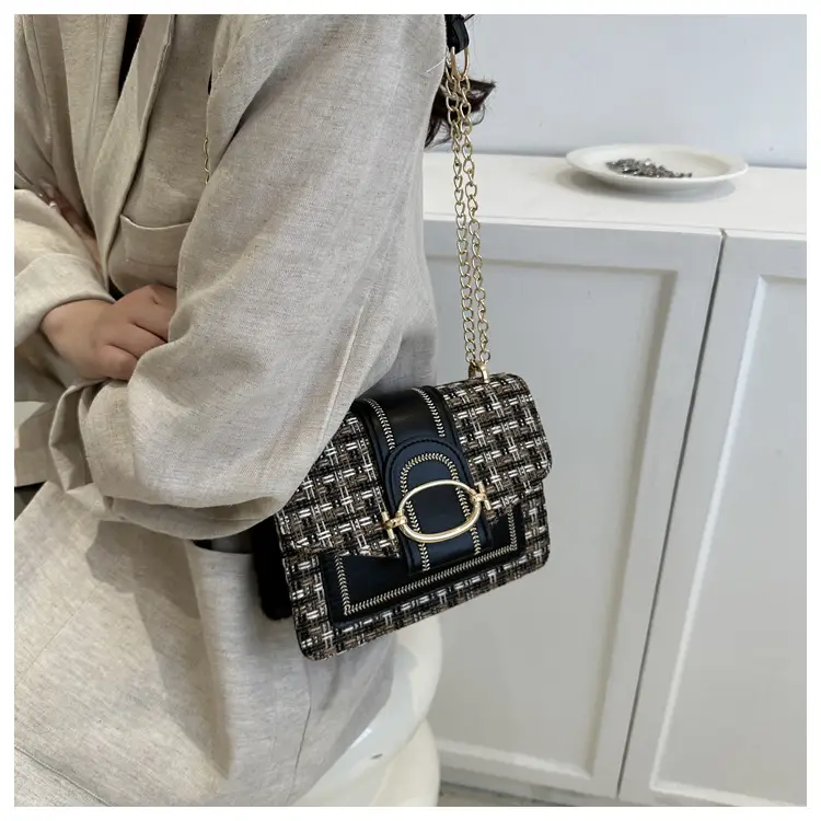 Korean Style Chain Shoulder Bag Black Cotton Linen — feature 14