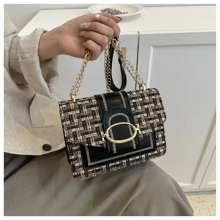 Korean Style Chain Shoulder Bag Black Cotton Linen — feature 15