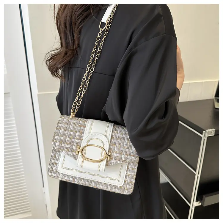 Korean Style Chain Shoulder Bag Black Cotton Linen — feature 17