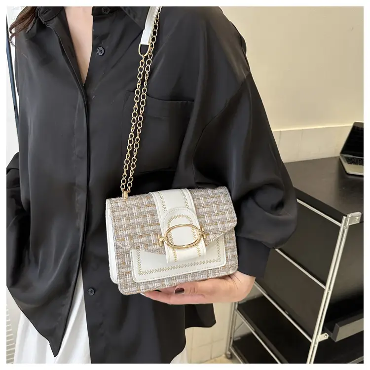 Korean Style Chain Shoulder Bag Black Cotton Linen — feature 19