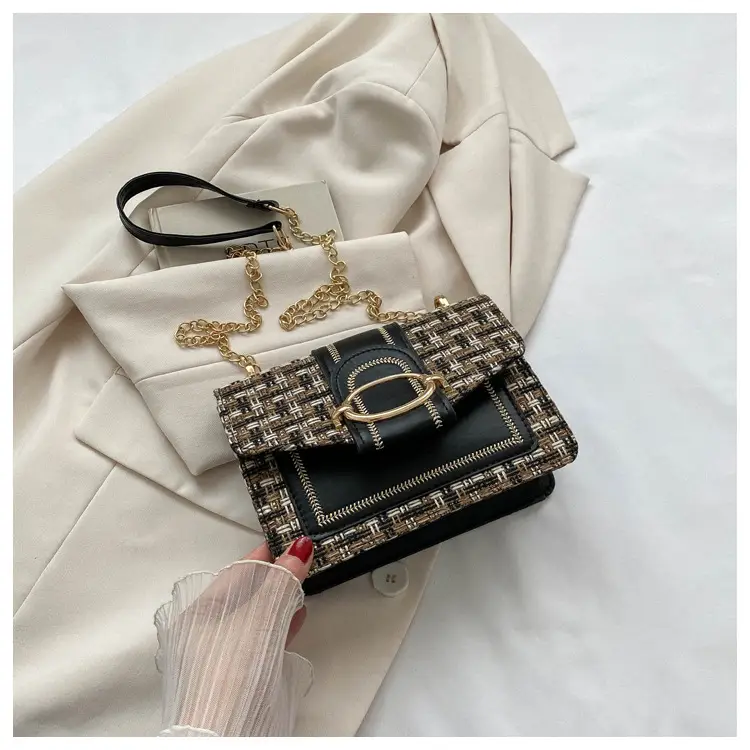 Korean Style Chain Shoulder Bag Black Cotton Linen — feature 22