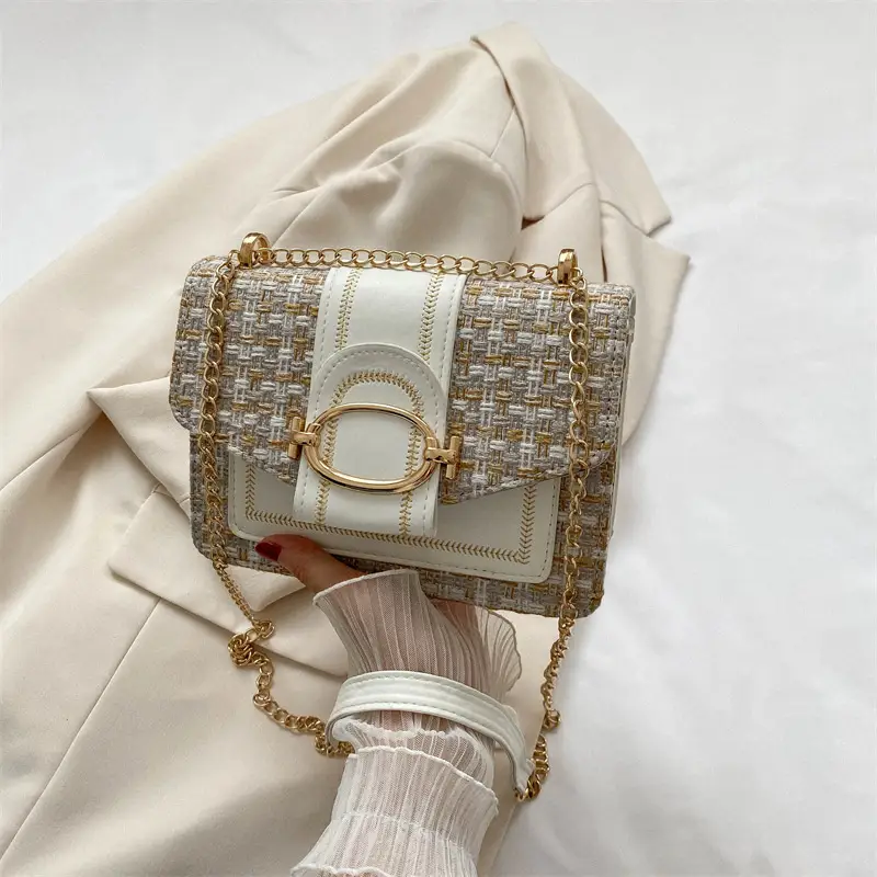 Korean Style Chain Shoulder Bag Black Cotton Linen - Image 2