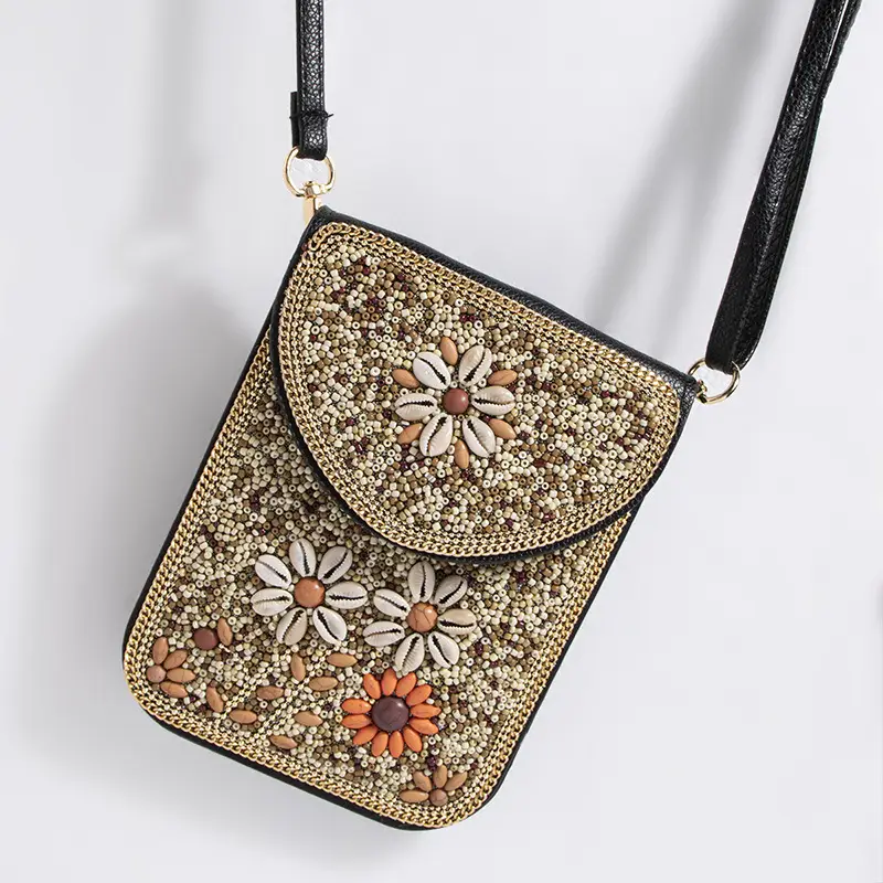 New Heavy Industry Bohemian Style Rice Beads Shell Flowers Exquisite PU Travel Shoulder Crossbody Magnetic Buckle Women's Bag