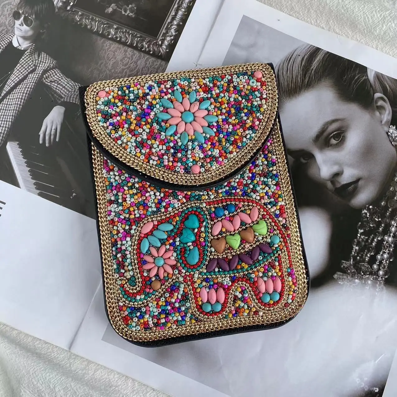 New Heavy Industry Bohemian Style Rice Beads Shell Flowers Exquisite PU Travel Shoulder Crossbody Magnetic Buckle Women's Bag