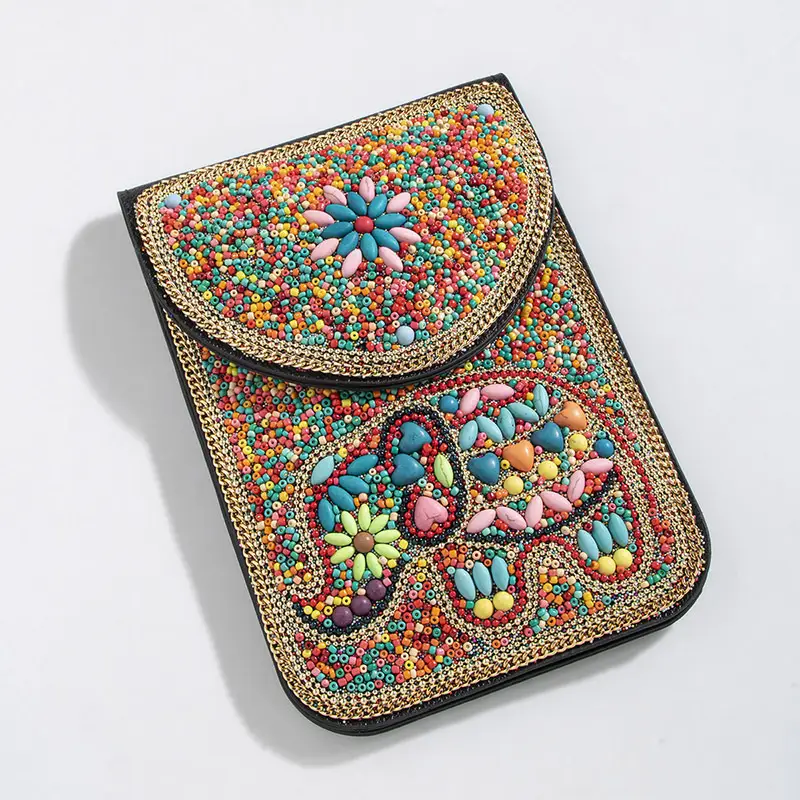 New Heavy Industry Bohemian Style Rice Beads Shell Flowers Exquisite PU Travel Shoulder Crossbody Magnetic Buckle Women's Bag