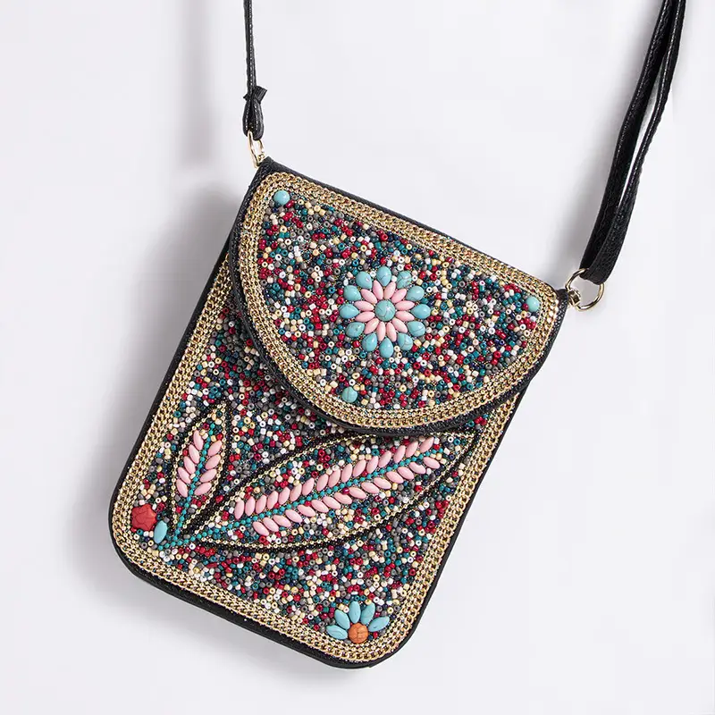 New Heavy Industry Bohemian Style Rice Beads Shell Flowers Exquisite PU Travel Shoulder Crossbody Magnetic Buckle Women's Bag