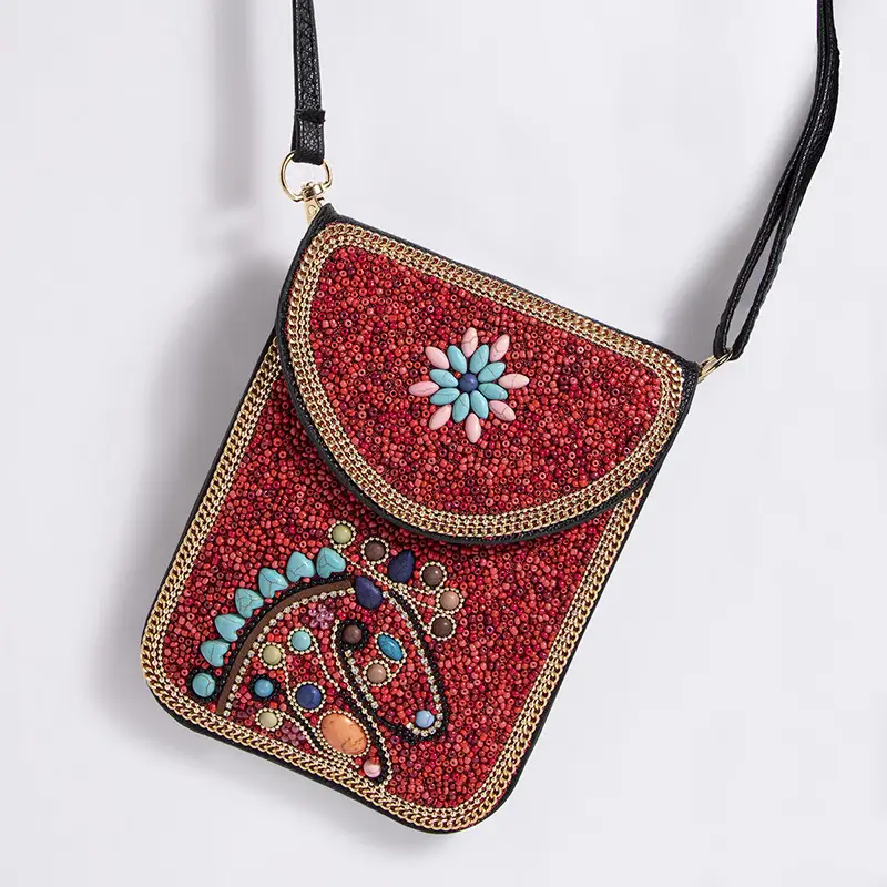 New Heavy Industry Bohemian Style Rice Beads Shell Flowers Exquisite PU Travel Shoulder Crossbody Magnetic Buckle Women's Bag