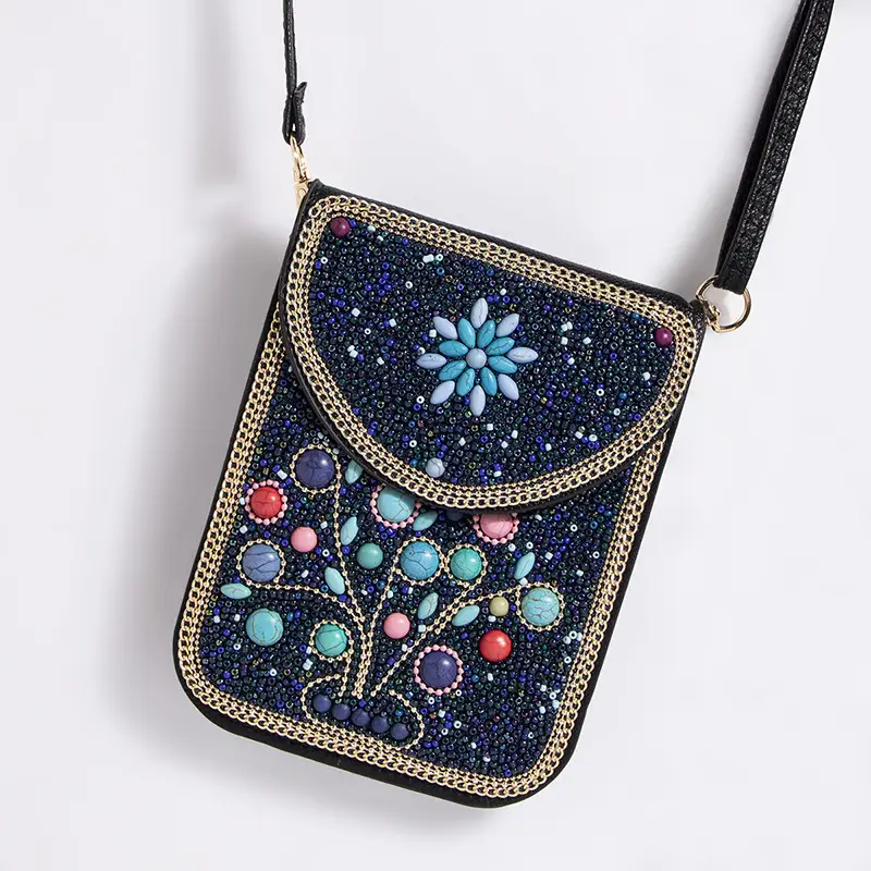 New Heavy Industry Bohemian Style Rice Beads Shell Flowers Exquisite PU Travel Shoulder Crossbody Magnetic Buckle Women's Bag