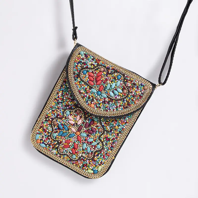 New Heavy Industry Bohemian Style Rice Beads Shell Flowers Exquisite PU Travel Shoulder Crossbody Magnetic Buckle Women's Bag