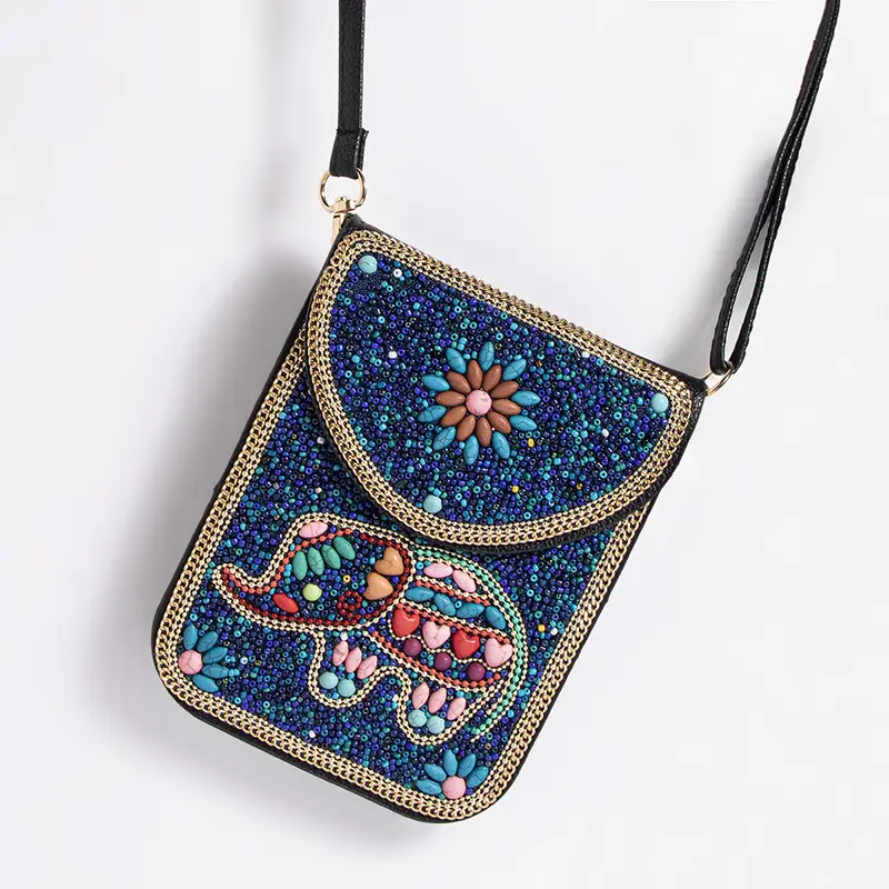 New Heavy Industry Bohemian Style Rice Beads Shell Flowers Exquisite PU Travel Shoulder Crossbody Magnetic Buckle Women's Bag