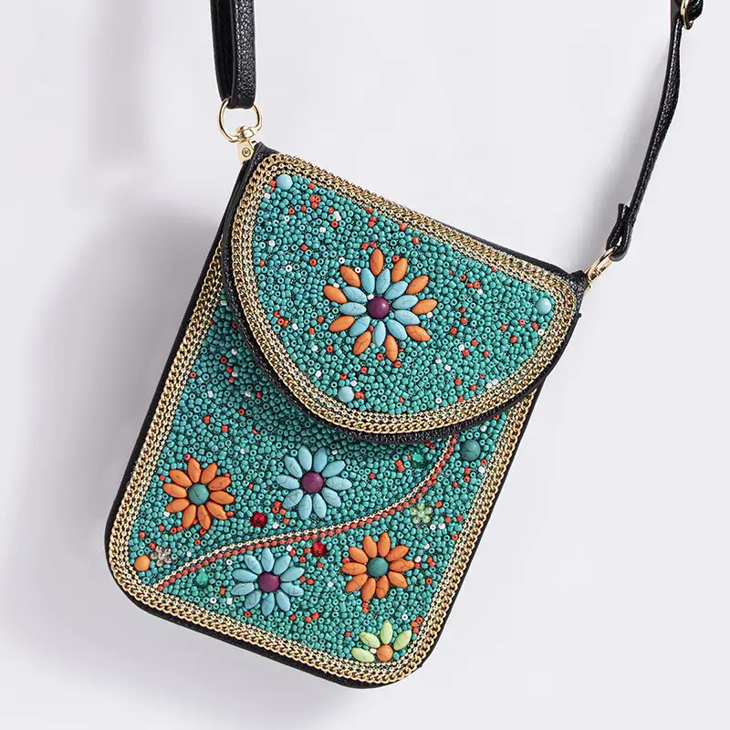 New Heavy Industry Bohemian Style Rice Beads Shell Flowers Exquisite PU Travel Shoulder Crossbody Magnetic Buckle Women's Bag