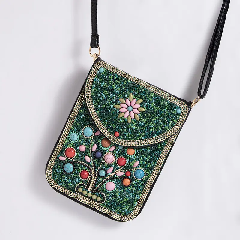 New Heavy Industry Bohemian Style Rice Beads Shell Flowers Exquisite PU Travel Shoulder Crossbody Magnetic Buckle Women's Bag