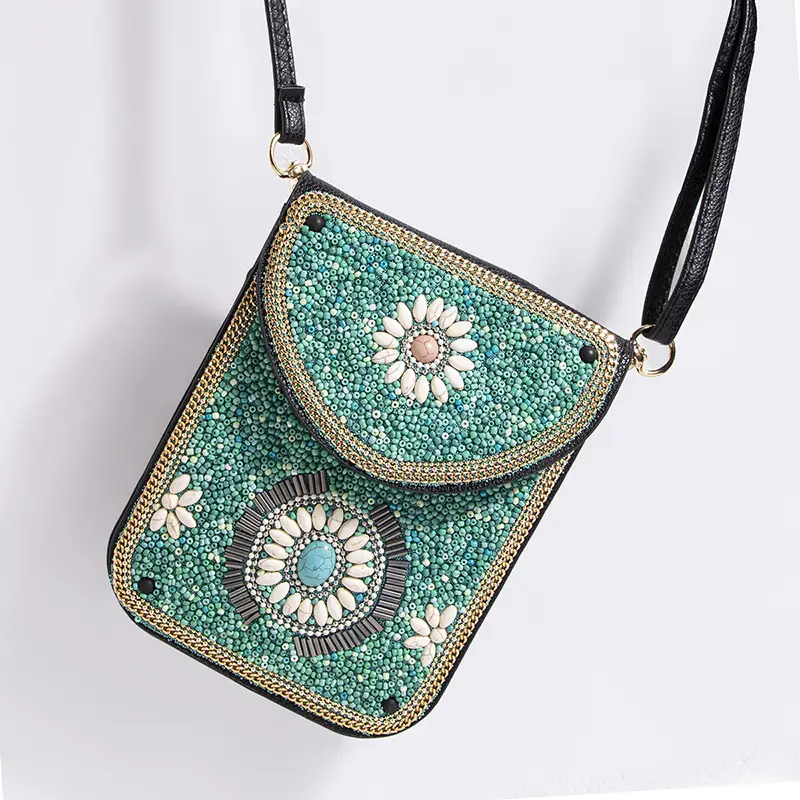 New Heavy Industry Bohemian Style Rice Beads Shell Flowers Exquisite PU Travel Shoulder Crossbody Magnetic Buckle Women's Bag