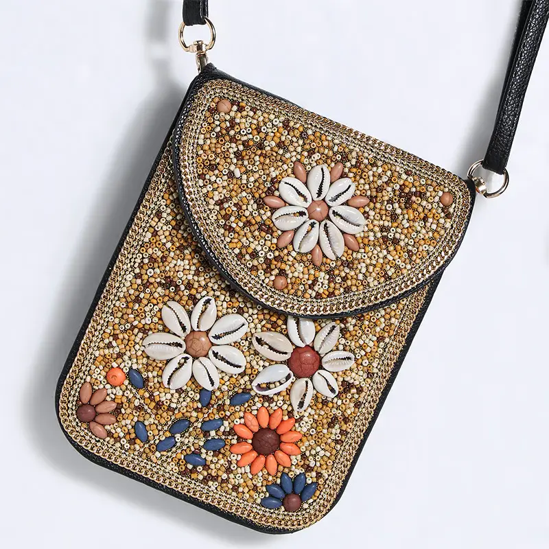 New Heavy Industry Bohemian Style Rice Beads Shell Flowers Exquisite PU Travel Shoulder Crossbody Magnetic Buckle Women's Bag