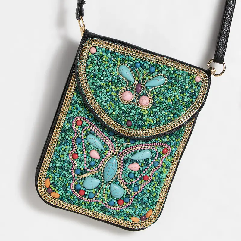 New Heavy Industry Bohemian Style Rice Beads Shell Flowers Exquisite PU Travel Shoulder Crossbody Magnetic Buckle Women's Bag