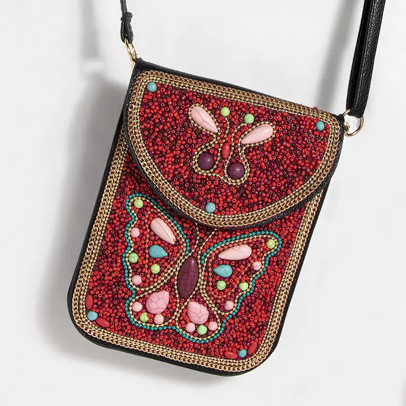 New Heavy Industry Bohemian Style Rice Beads Shell Flowers Exquisite PU Travel Shoulder Crossbody Magnetic Buckle Women's Bag