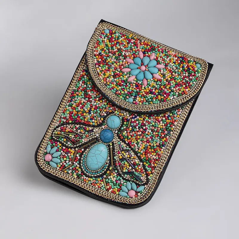 New Heavy Industry Bohemian Style Rice Beads Shell Flowers Exquisite PU Travel Shoulder Crossbody Magnetic Buckle Women's Bag